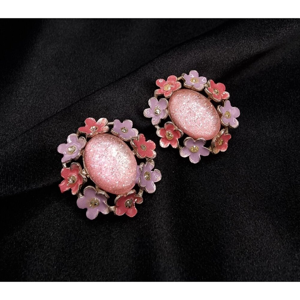 Vintage 1950's-1960's Pink Glitter Oval Clip-On Earrings W/ Red & Purple Floral
